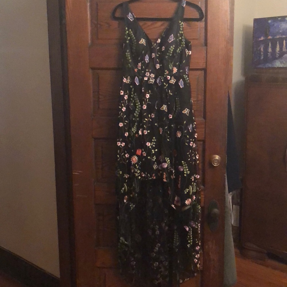 Embroidered and beaded high low party dress